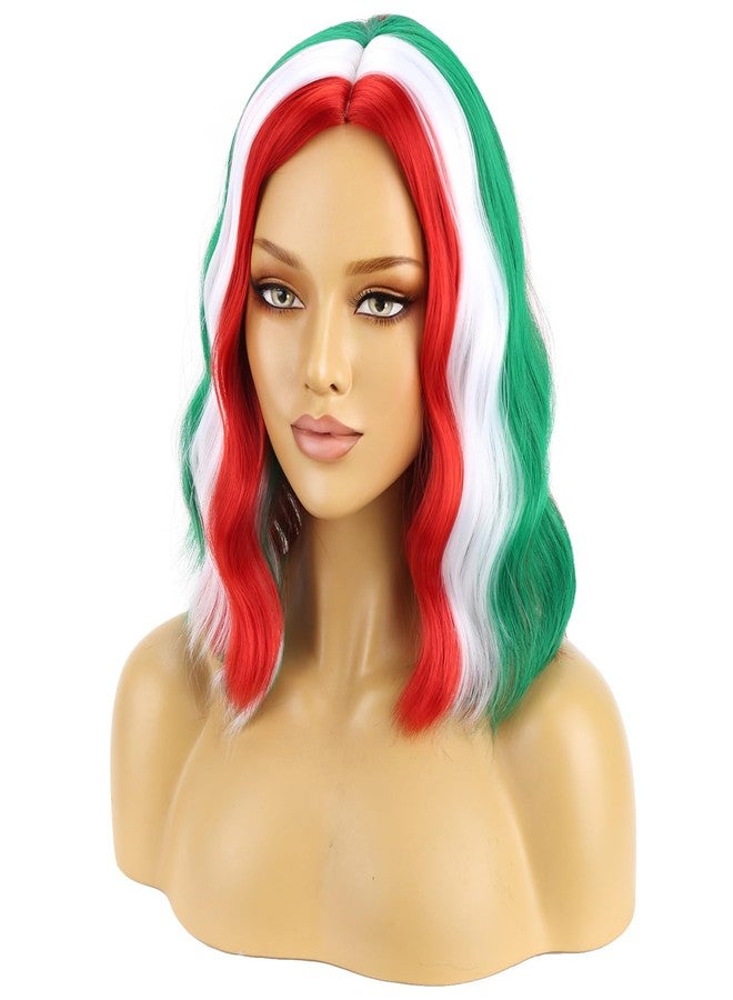 BERON Women Christmas Wig Short Red White and Green Curly Wavy Wig Girls Side Part Heat Resistant Synthetic Wig for Cosplay Costume Daily Party - Image 1
