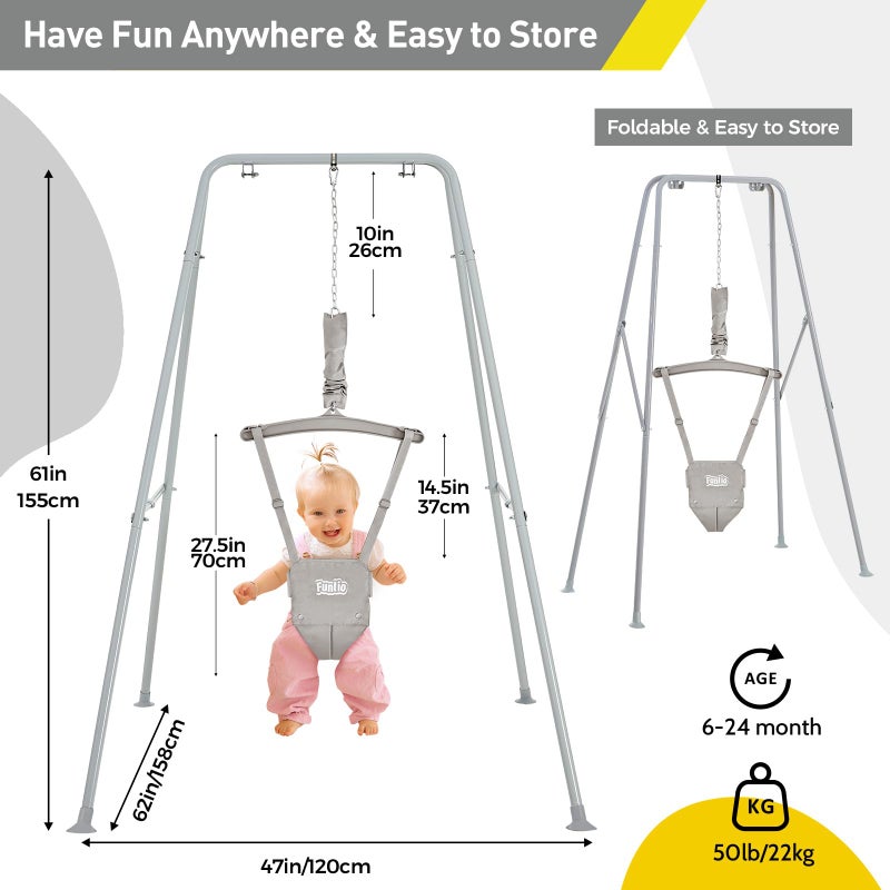 FUNLIO Baby Jumper with Stand for 6-24 Months, Infant Jumper for Indoor/Outdoor Play, Toddler Jumper for Baby Girl/Boy, with Adjustable Chain, Easy to Assemble & Store (with Stand) - Grey - Image 5