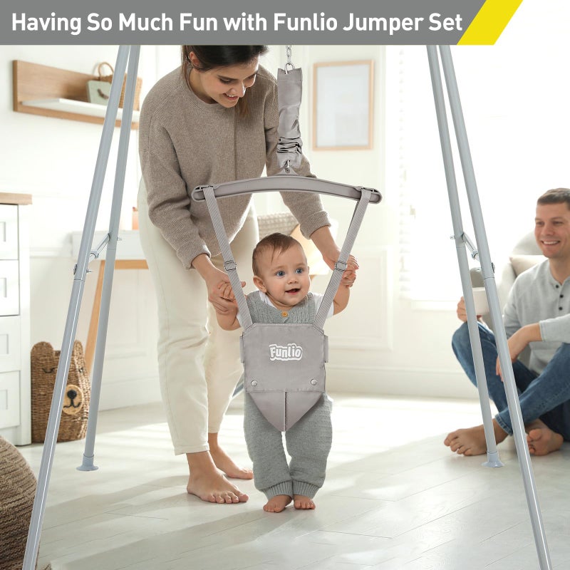 FUNLIO Baby Jumper with Stand for 6-24 Months, Infant Jumper for Indoor/Outdoor Play, Toddler Jumper for Baby Girl/Boy, with Adjustable Chain, Easy to Assemble & Store (with Stand) - Grey - Image 2