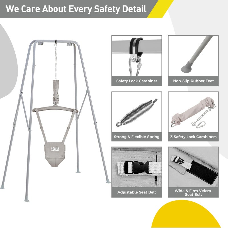 FUNLIO Baby Jumper with Stand for 6-24 Months, Infant Jumper for Indoor/Outdoor Play, Toddler Jumper for Baby Girl/Boy, with Adjustable Chain, Easy to Assemble & Store (with Stand) - Grey - Image 3