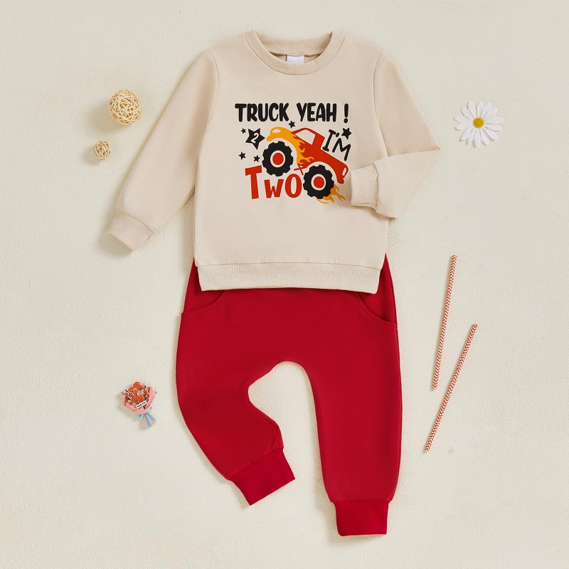 Bonangber 2nd Birthday Outfit Boy Long Sleeve Monster Truck Birthday Shirt Letters Crewneck Sweatshirt Pants Cute Cake Smash Outfit (B-Khaki,2-3T) - Image 2