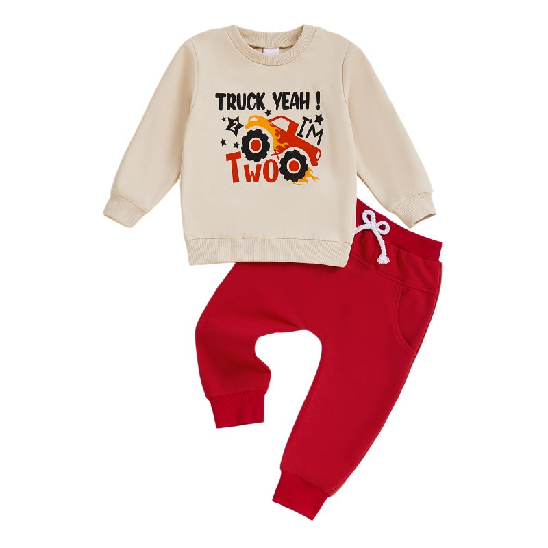 Bonangber 2nd Birthday Outfit Boy Long Sleeve Monster Truck Birthday Shirt Letters Crewneck Sweatshirt Pants Cute Cake Smash Outfit (B-Khaki,2-3T) - Image 1
