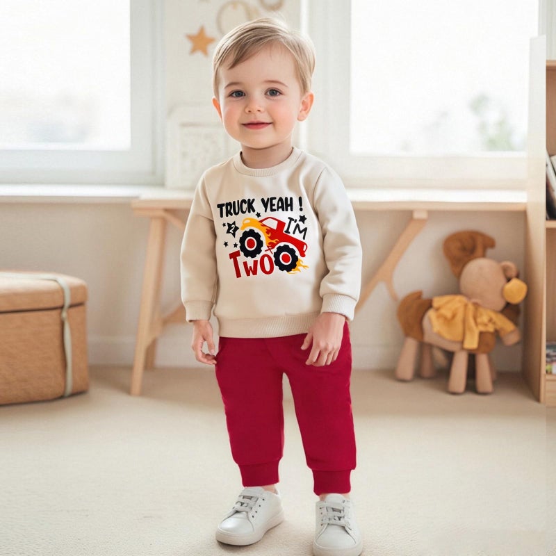 Bonangber 2nd Birthday Outfit Boy Long Sleeve Monster Truck Birthday Shirt Letters Crewneck Sweatshirt Pants Cute Cake Smash Outfit (B-Khaki,2-3T) - Image 3