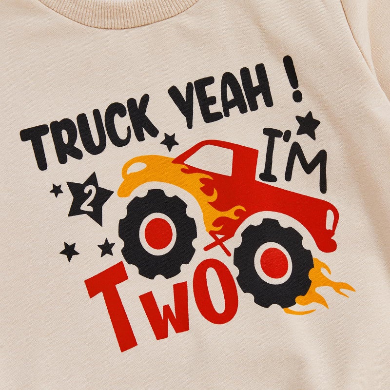 Bonangber 2nd Birthday Outfit Boy Long Sleeve Monster Truck Birthday Shirt Letters Crewneck Sweatshirt Pants Cute Cake Smash Outfit (B-Khaki,2-3T) - Image 5