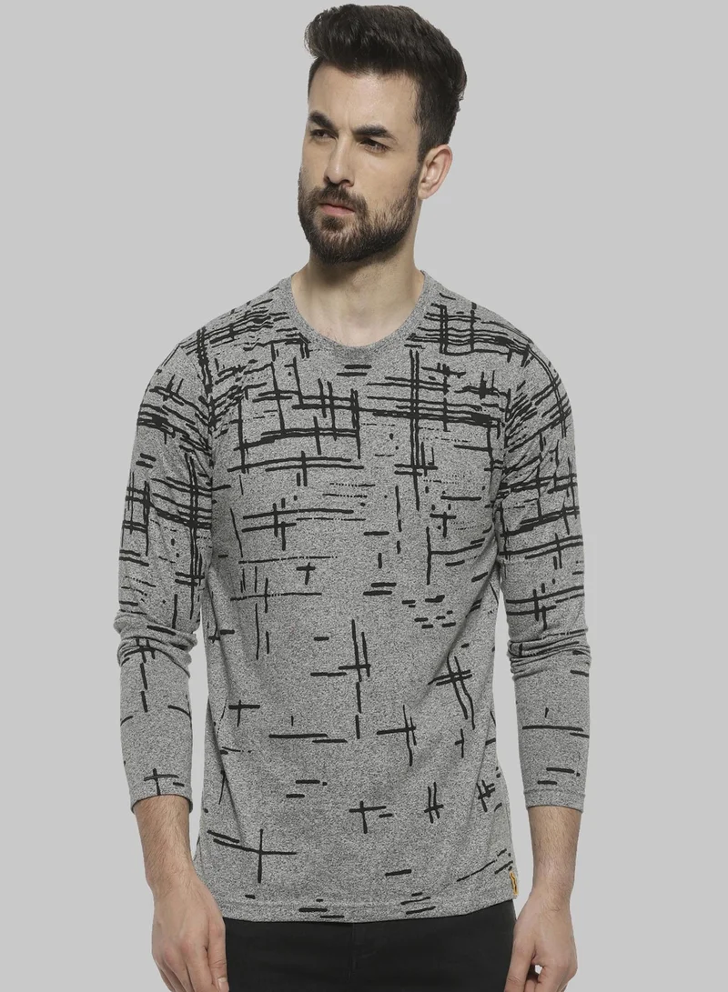 كامبوس سوترا تيشيرت رجالي رمادي مطبوع بياقة دائرية وأكمام طويلة بقصة عادية للملابس الكاجوال
