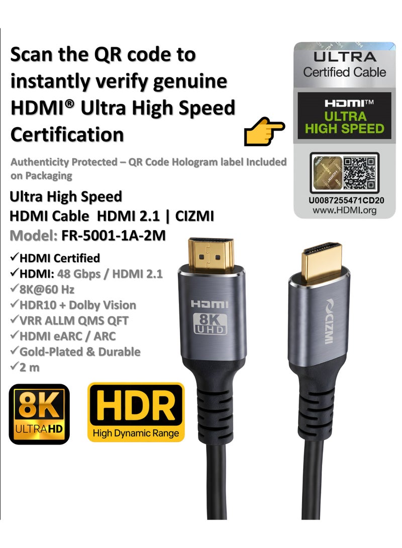 CIZMI ✦ [HDMI® Certified] 8K Ultra High Speed HDMI 2.1 Cable | 2m | 8K@60Hz 4K@120Hz | 48Gbps | HDR10 + Dolby Vision | VRR ALLM QMS QFT eARC | Gold Plated | For TV Monitor Projector Console PC Audio + Video | Grey | 2 m - Image 3