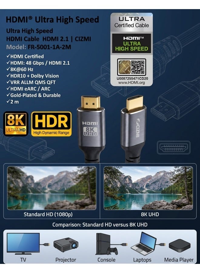 CIZMI ✦ [HDMI® Certified] 8K Ultra High Speed HDMI 2.1 Cable | 2m | 8K@60Hz 4K@120Hz | 48Gbps | HDR10 + Dolby Vision | VRR ALLM QMS QFT eARC | Gold Plated | For TV Monitor Projector Console PC Audio + Video | Grey | 2 m - Image 2