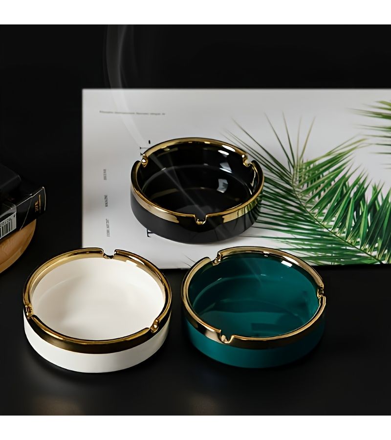 1 Ceramic Gold Plated White Luxury Ashtray Home Decoration School Supplies - Image 1