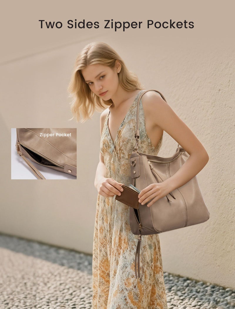 Realer Handbags for Women Hobo Bag Medium Ladies Crossbody Shoulder Bag Faux Leather,Apricot - Image 2