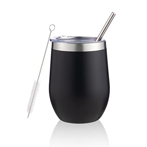 FristChoice 12 oz Insulated Wine Tumbler with Lid and StrawStainless Steel Stemless Wine Tumbler Glasses Double Wall Vacuum Wine Cups Tumbler Bulk for CoffeeChampaignCocktailBlack1