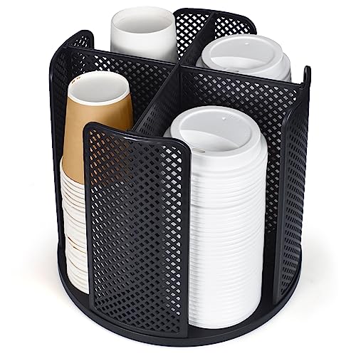 EOFJRUC Cup and Lid Organizer, 360° Rotatable Coffee Cup Holder for Disposable Plastic and Paper Cups of 5 to 16 oz, 4 Compartments Detachable Countertop Cup Dispenser Coffee Station, Black - Image 1