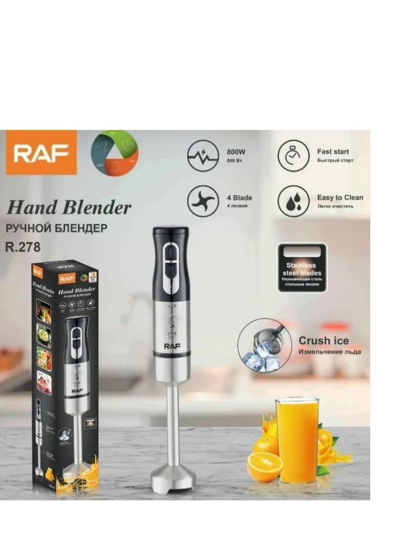RAF Hand Blender R.278, a kitchen essential designed for culinary perfection. With a powerful 800W motor and two-speed settings (13000 – 15000 RPM), this hand blender ensures efficient blending for soups, juices, vegetable puree, and smoothies. - Image 2