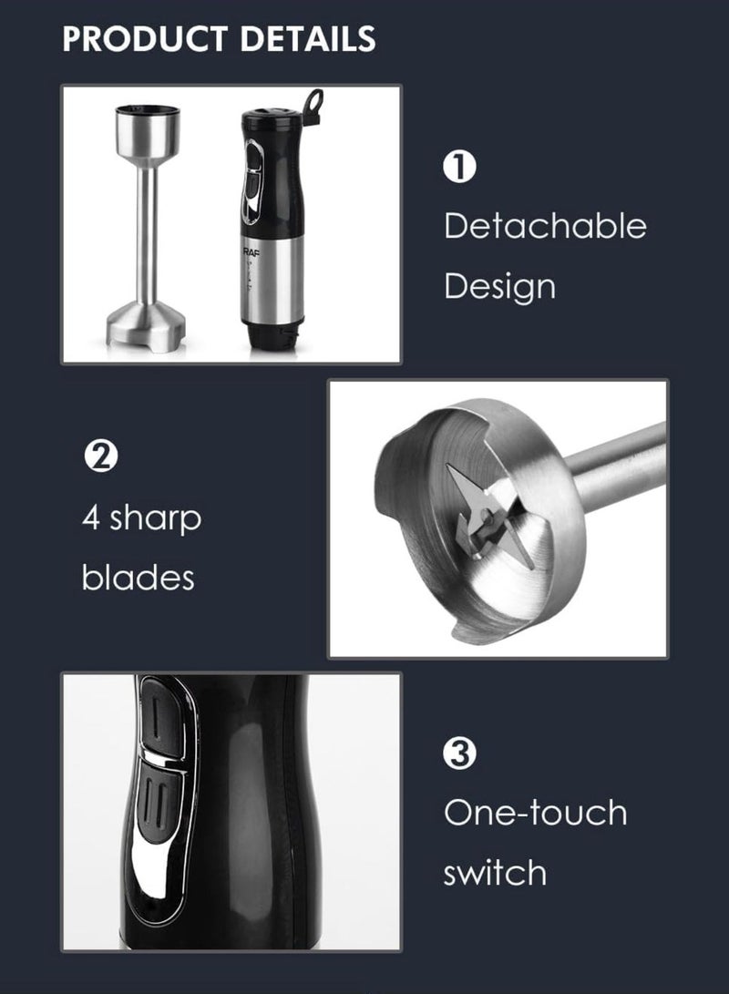 RAF Hand Blender R.278, a kitchen essential designed for culinary perfection. With a powerful 800W motor and two-speed settings (13000 – 15000 RPM), this hand blender ensures efficient blending for soups, juices, vegetable puree, and smoothies. - Image 5