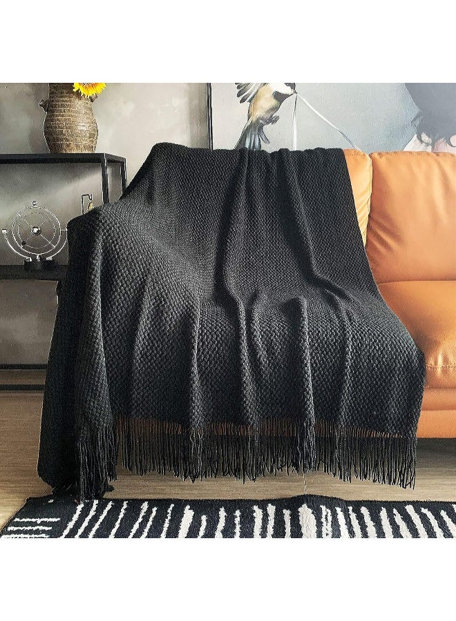 LOMAO LOMAO Knitted Throw Blanket with Tassels Bubble Textured Lightweight Throws for Couch Cover Home Decor (Black, 50x60)  - Image 1