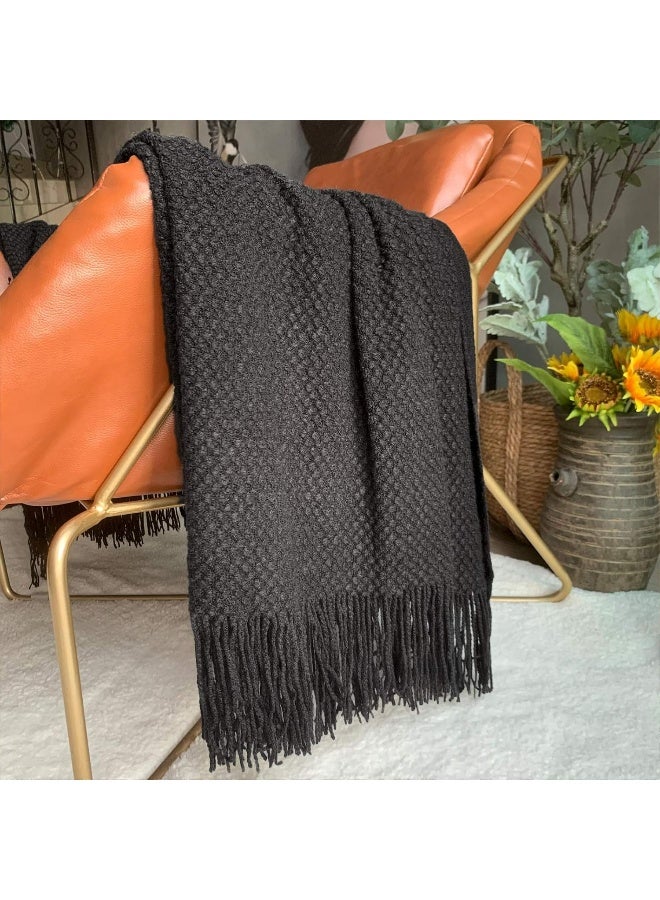 LOMAO LOMAO Knitted Throw Blanket with Tassels Bubble Textured Lightweight Throws for Couch Cover Home Decor (Black, 50x60)  - Image 2