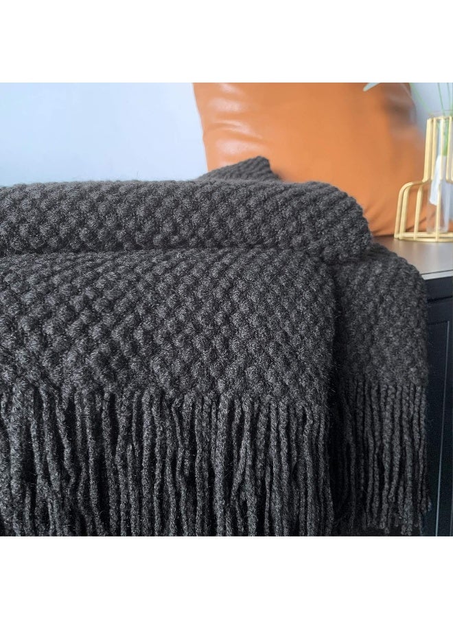 LOMAO LOMAO Knitted Throw Blanket with Tassels Bubble Textured Lightweight Throws for Couch Cover Home Decor (Black, 50x60)  - Image 3