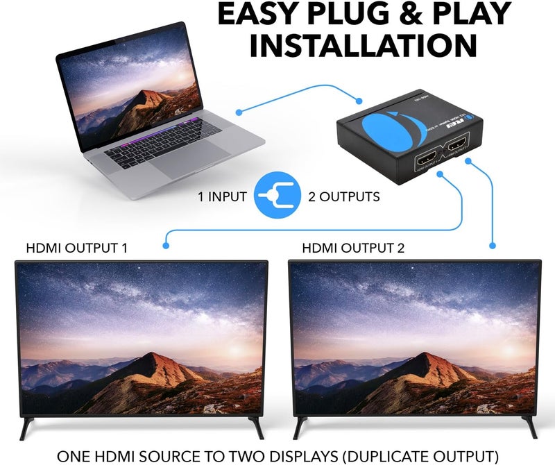 OREI 4K 1 in 2 Out HDMI Splitter by - Ultra HD 4K @ 30 Hz 1x2 V. 1.4 HDCP, Power HDMI Supports 3D Full HD 1080P for Xbox, PS4 PS3 Fire Stick Blu Ray Apple TV HDTV - Adapter Included - Image 3