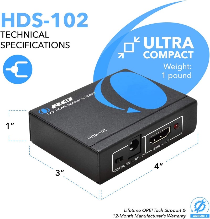 OREI 4K 1 in 2 Out HDMI Splitter by - Ultra HD 4K @ 30 Hz 1x2 V. 1.4 HDCP, Power HDMI Supports 3D Full HD 1080P for Xbox, PS4 PS3 Fire Stick Blu Ray Apple TV HDTV - Adapter Included - Image 5