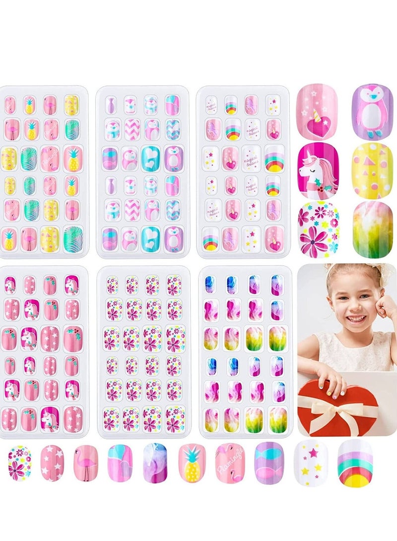 SYOSI Kids Press on Nails Grils, 144 Pieces Children Fake Artificial False Nail Tips Pre Glue Full Cover Short Acrylic for Girls Kids Art Decoration (Rainbow Sky) (pink) - Image 1