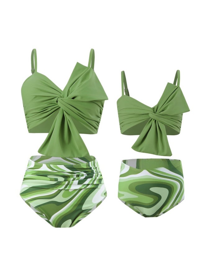 Loquat European And American Swimwear Solid Color Large Bow Bikini Huludao Printed Swimming Trunks Parent-child Split Swimsuit-Color:Yellowish Green- - Image 5