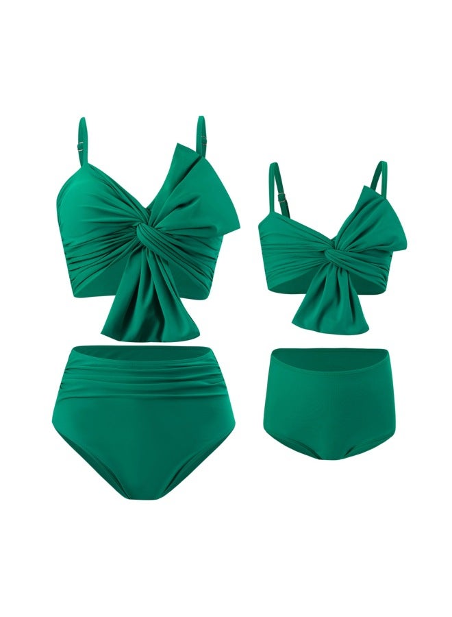 Loquat European And American Swimwear Solid Color Large Bow Bikini Huludao Printed Swimming Trunks Parent-child Split Swimsuit-Color:Yellowish Green- - Image 3