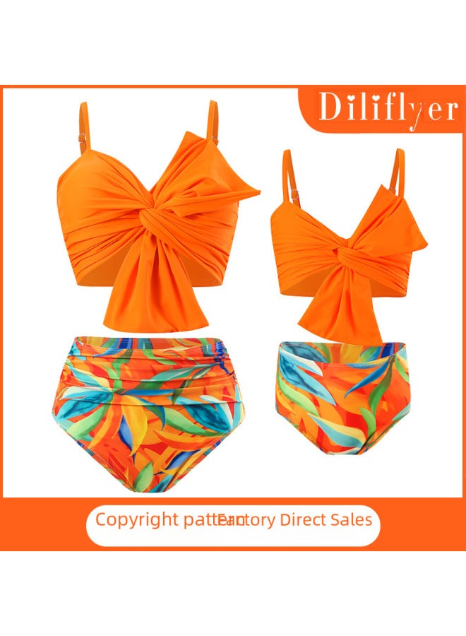 Loquat European And American Swimwear Solid Color Large Bow Bikini Huludao Printed Swimming Trunks Parent-child Split Swimsuit-Color:Yellowish Green- - Image 2