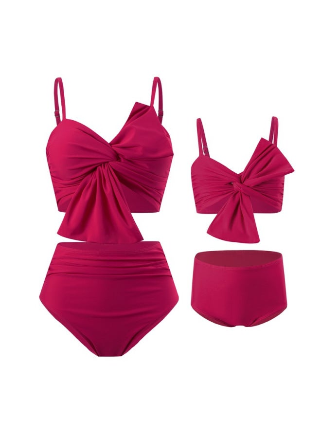 Loquat European And American Swimwear Solid Color Large Bow Bikini Huludao Printed Swimming Trunks Parent-child Split Swimsuit-Color:Yellowish Green- - Image 4