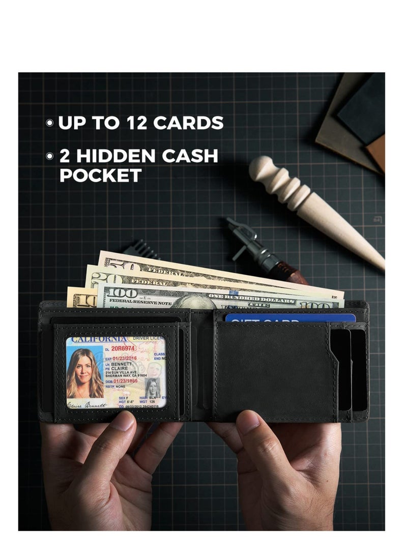 SOLARAE Wallet for Men, RFID Blocking Wallet, Bifold Full Grain Leather Mens Wallet, with Stealth Pocket for AirTag Wallet, Large and Slim Design, Up to 12 Cards and ID Window, Gift for Men - Image 4