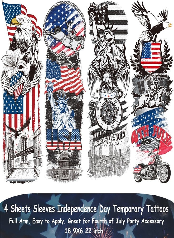 CHARLENT 4th of July Temporary Tattoos Full & Half Arm - American Flag Tattoos for Kids Women Men Fourth of July Party Decorations and USA Party Favors,Independence Day Party Supplies - Image 2
