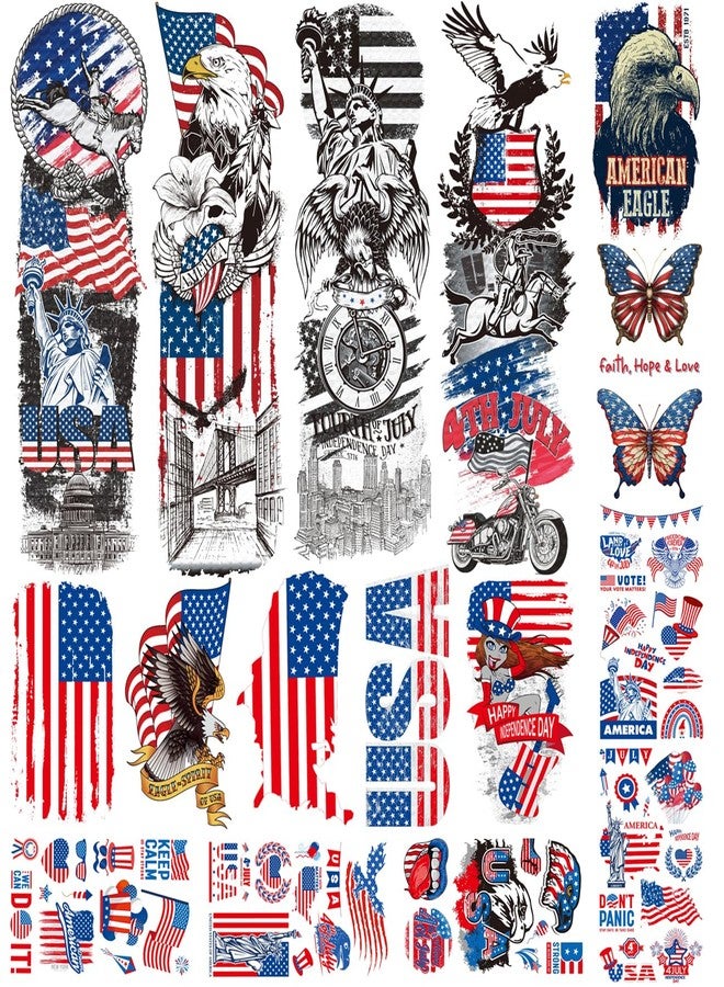 CHARLENT 4th of July Temporary Tattoos Full & Half Arm - American Flag Tattoos for Kids Women Men Fourth of July Party Decorations and USA Party Favors,Independence Day Party Supplies - Image 1