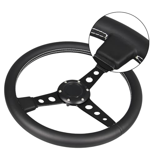 GONMOT Car Drift Flat Steering Wheel Black Leather Grip 14inch/350mm Racing Sport Steering Wheel with White Stitching - Image 3