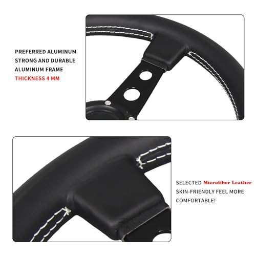 GONMOT Car Drift Flat Steering Wheel Black Leather Grip 14inch/350mm Racing Sport Steering Wheel with White Stitching - Image 5