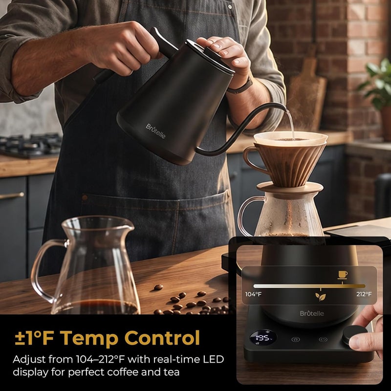 Brutelle Electric Gooseneck Kettle 0.8L V60 Coffee Kettle ±1℃ Temp Control, 2H Keep Warm 1200W Quick Heating, Stainless steel for Pour-over coffee Tea Matcha Black - Image 2