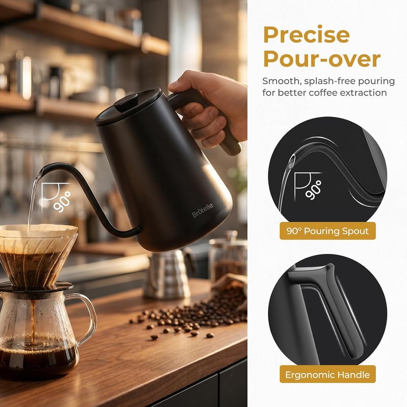 Brutelle Electric Gooseneck Kettle 0.8L V60 Coffee Kettle ±1℃ Temp Control, 2H Keep Warm 1200W Quick Heating, Stainless steel for Pour-over coffee Tea Matcha Black - Image 3