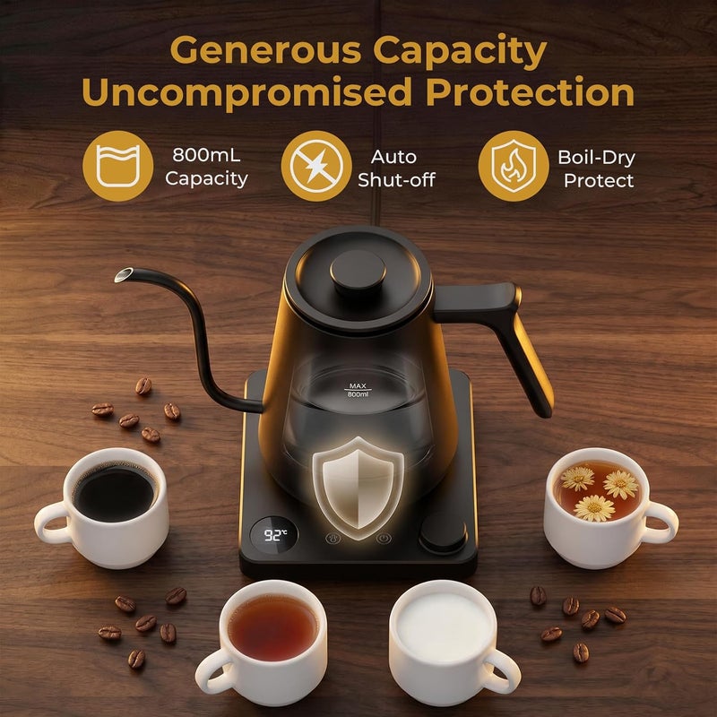 Brutelle Electric Gooseneck Kettle 0.8L V60 Coffee Kettle ±1℃ Temp Control, 2H Keep Warm 1200W Quick Heating, Stainless steel for Pour-over coffee Tea Matcha Black - Image 5