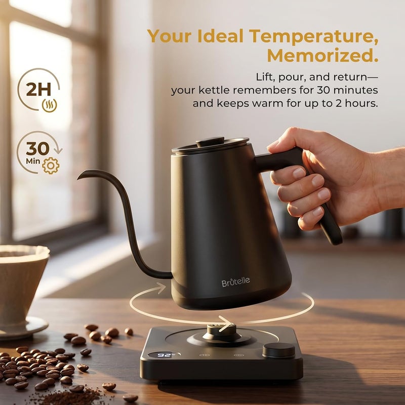 Brutelle Electric Gooseneck Kettle 0.8L V60 Coffee Kettle ±1℃ Temp Control, 2H Keep Warm 1200W Quick Heating, Stainless steel for Pour-over coffee Tea Matcha Black - Image 4