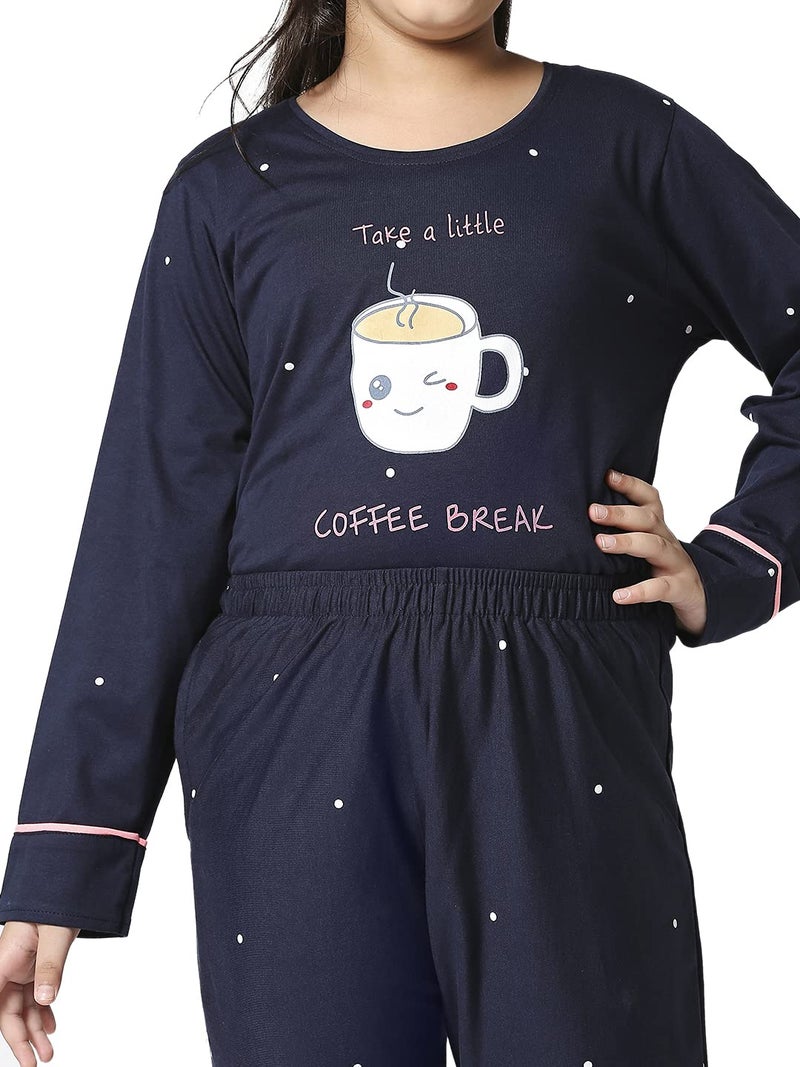 ZEYO Girls Night Suit Set Cotton Polka Dot Print Navy Blue Night Dress 5521 - Image 2