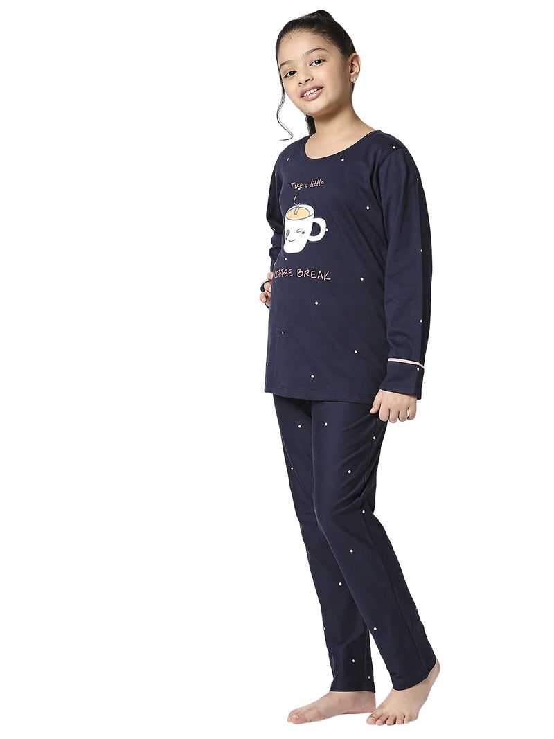ZEYO Girls Night Suit Set Cotton Polka Dot Print Navy Blue Night Dress 5521 - Image 4