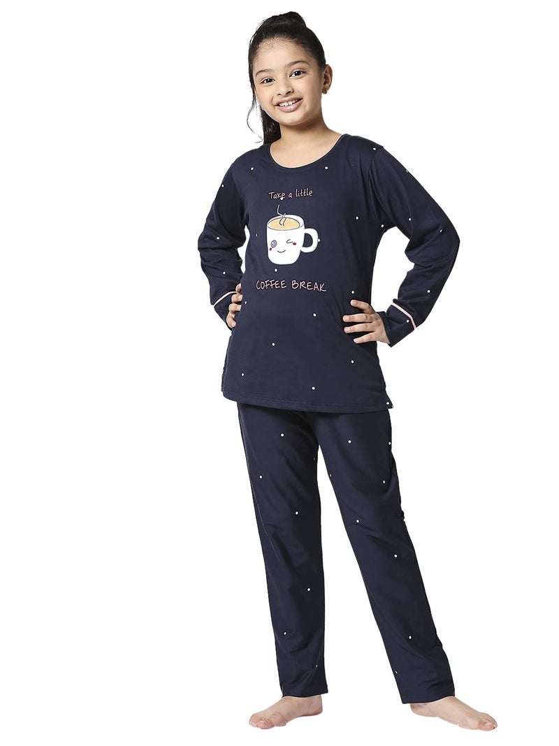 ZEYO Girls Night Suit Set Cotton Polka Dot Print Navy Blue Night Dress 5521 - Image 1