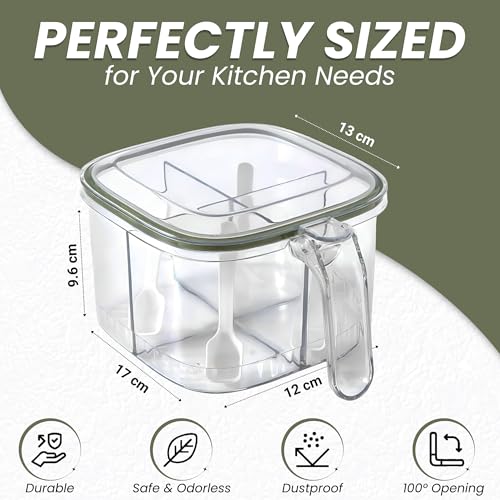 HENIJ Silicone, Plastic 4 in 1 Seasoning Box with Lid and Spoons, Masala Rangoli Dabba Box Set, 4 Compartments Spice Jar Sealed Condiment Container for Home Kitchen, Pack Of 1, Green - Image 2