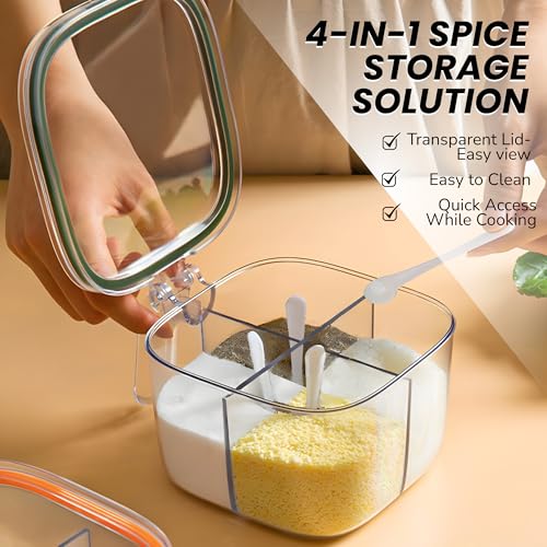 HENIJ Silicone, Plastic 4 in 1 Seasoning Box with Lid and Spoons, Masala Rangoli Dabba Box Set, 4 Compartments Spice Jar Sealed Condiment Container for Home Kitchen, Pack Of 1, Green - Image 4