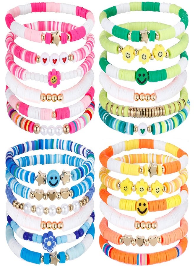 Sureio 24 Pcs Colorful Heart Smile Face Flower Friendship Bracelets Surfer Stretch Beaded Kids Bracelet for Girls Women Back to School Tween Girl Party Favors - Image 1