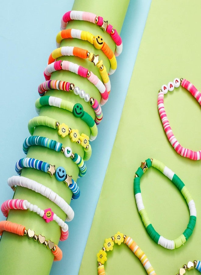 Sureio 24 Pcs Colorful Heart Smile Face Flower Friendship Bracelets Surfer Stretch Beaded Kids Bracelet for Girls Women Back to School Tween Girl Party Favors - Image 3