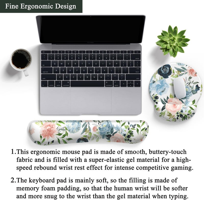 Mechanical Cattle Green Blue Pink Floral Mouse Pad Wrist Support Keyboard Wrist Rest Set, Ergonomic Mouse Pad with Non-Slip Pu Base for Computer Office Comfortable Mouse Wrist Rest Easy Typing & Pain Relief Mouse Pad. - Image 3