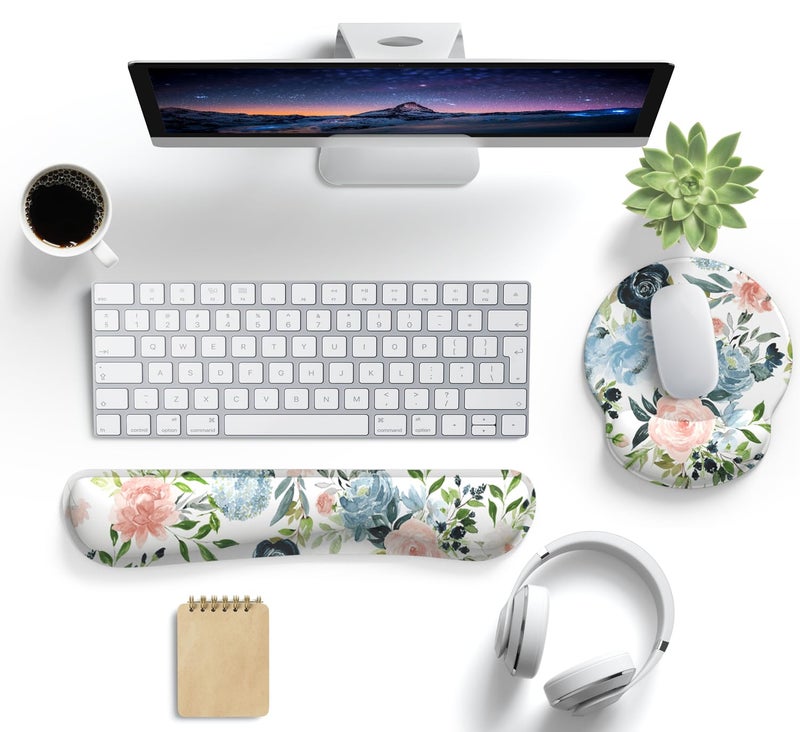 Mechanical Cattle Green Blue Pink Floral Mouse Pad Wrist Support Keyboard Wrist Rest Set, Ergonomic Mouse Pad with Non-Slip Pu Base for Computer Office Comfortable Mouse Wrist Rest Easy Typing & Pain Relief Mouse Pad. - Image 2