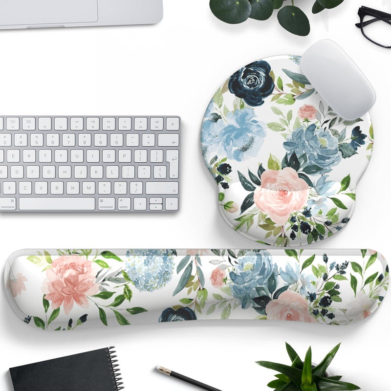 Mechanical Cattle Green Blue Pink Floral Mouse Pad Wrist Support Keyboard Wrist Rest Set, Ergonomic Mouse Pad with Non-Slip Pu Base for Computer Office Comfortable Mouse Wrist Rest Easy Typing & Pain Relief Mouse Pad. - Image 1