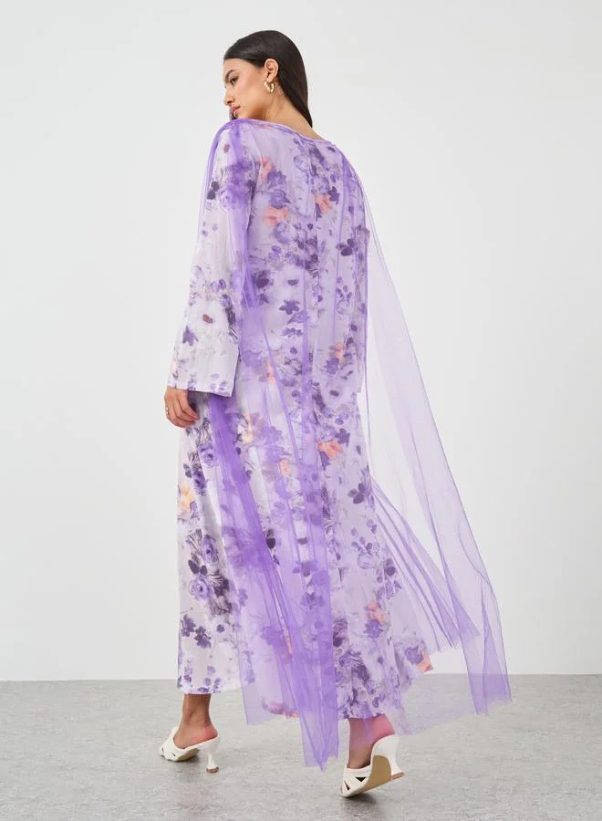 تايك تو Take Two Floral Print Mesh Insert A-Line Maxi Dress