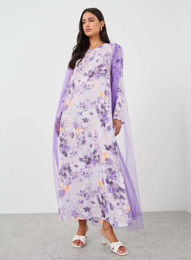 تايك تو Take Two Floral Print Mesh Insert A-Line Maxi Dress