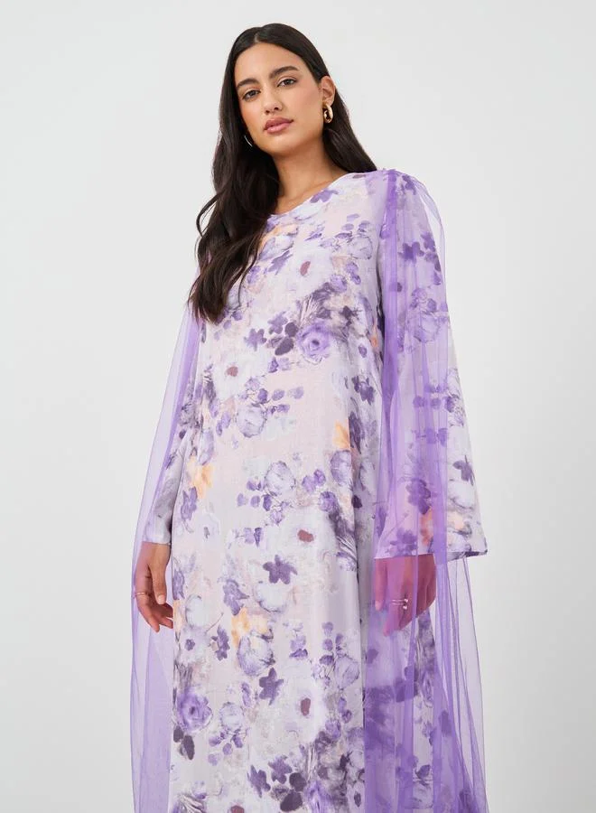 تايك تو Take Two Floral Print Mesh Insert A-Line Maxi Dress