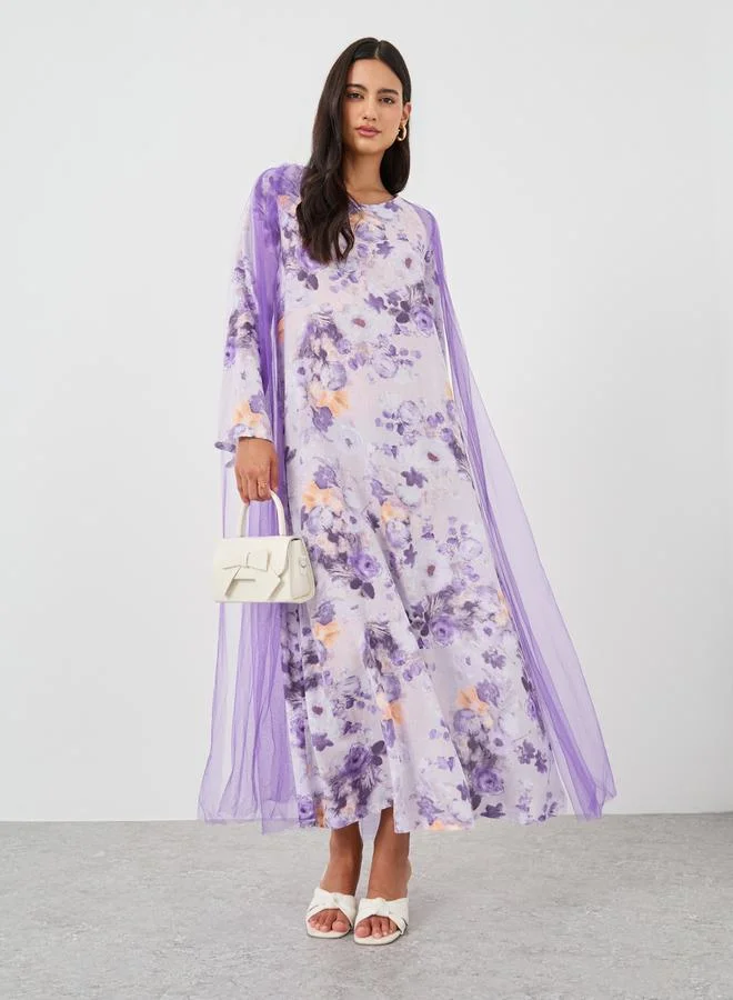 تايك تو Take Two Floral Print Mesh Insert A-Line Maxi Dress